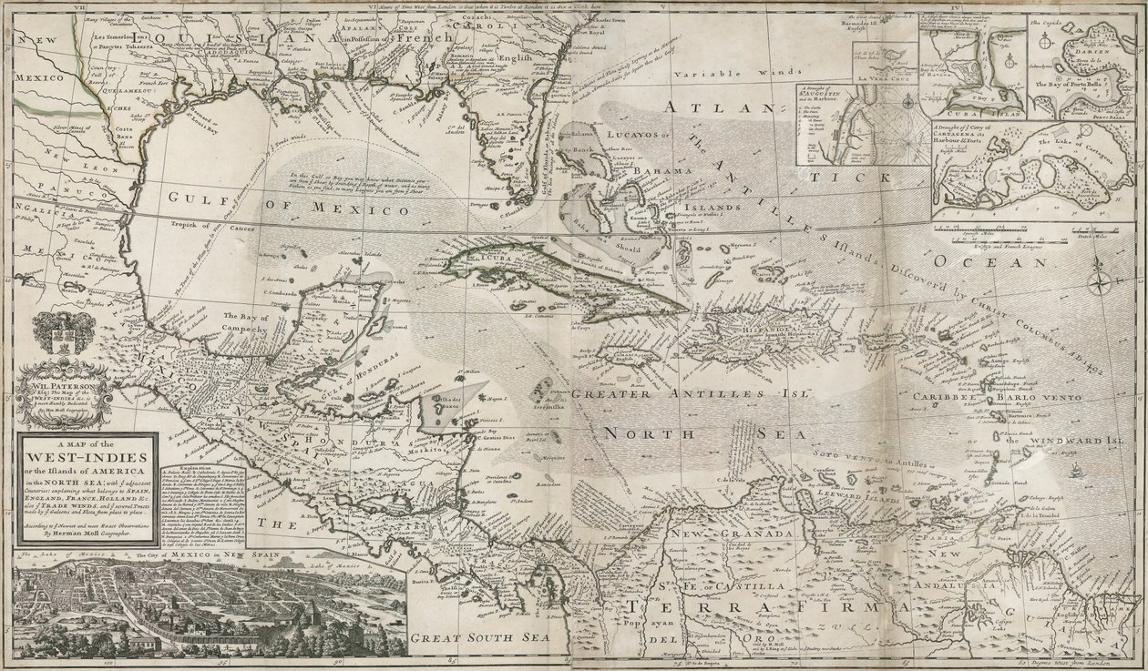 加勒比地图，1715年（手工彩色雕刻） 作者 赫尔曼·摩尔