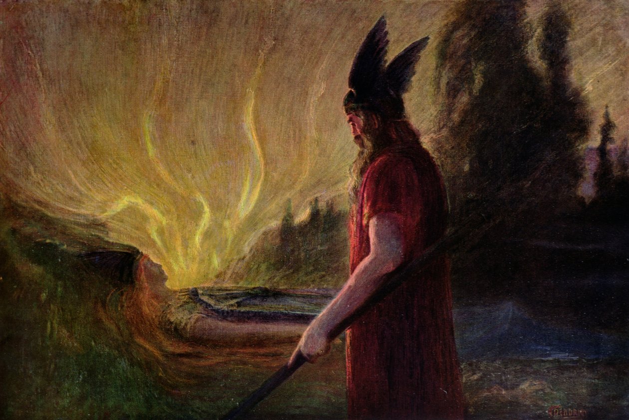 随着火焰的升起，奥丁离开了，1909年 作者 赫尔曼·亨德里希