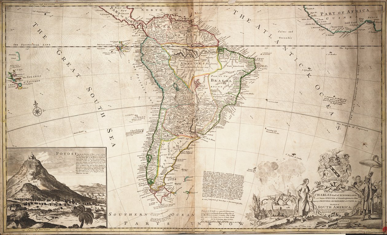 南美洲地图，约 1715 年（彩色雕刻） 作者 赫尔曼·摩尔