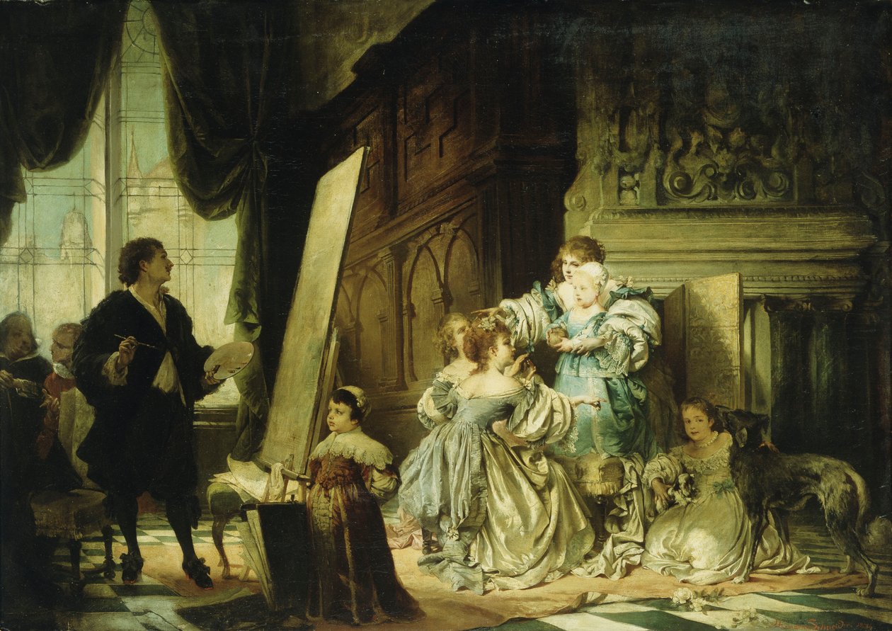 范·戴克（Van Dyck）在他的工作室绘画肖像，威尔士亲王查尔斯一世的儿子，查尔斯一世，1876年 作者 赫尔曼·施耐德