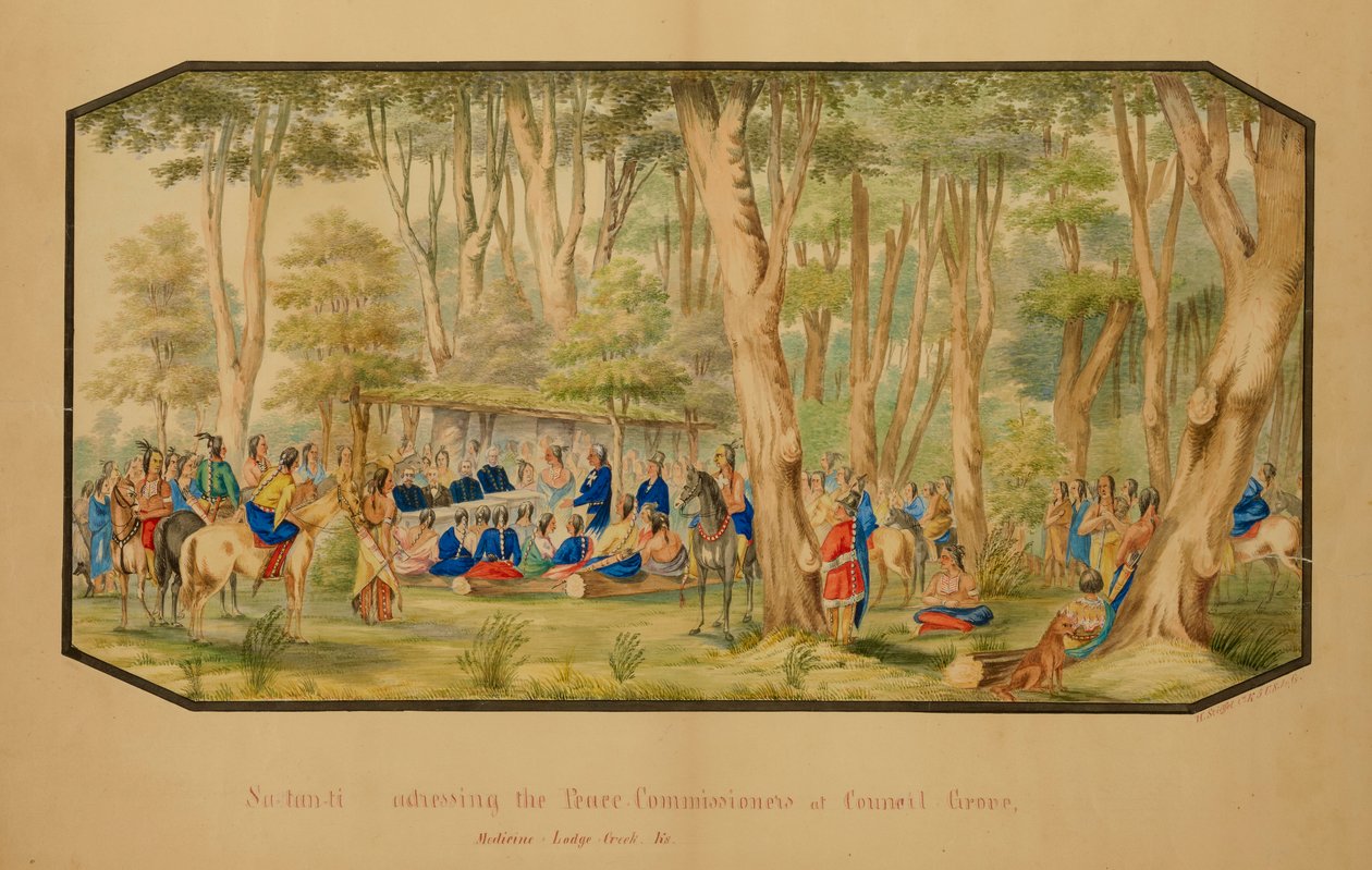萨-坦-提在药庐溪的理事会树林向和平专员讲话，1867年。 作者 赫尔曼·斯蒂菲尔
