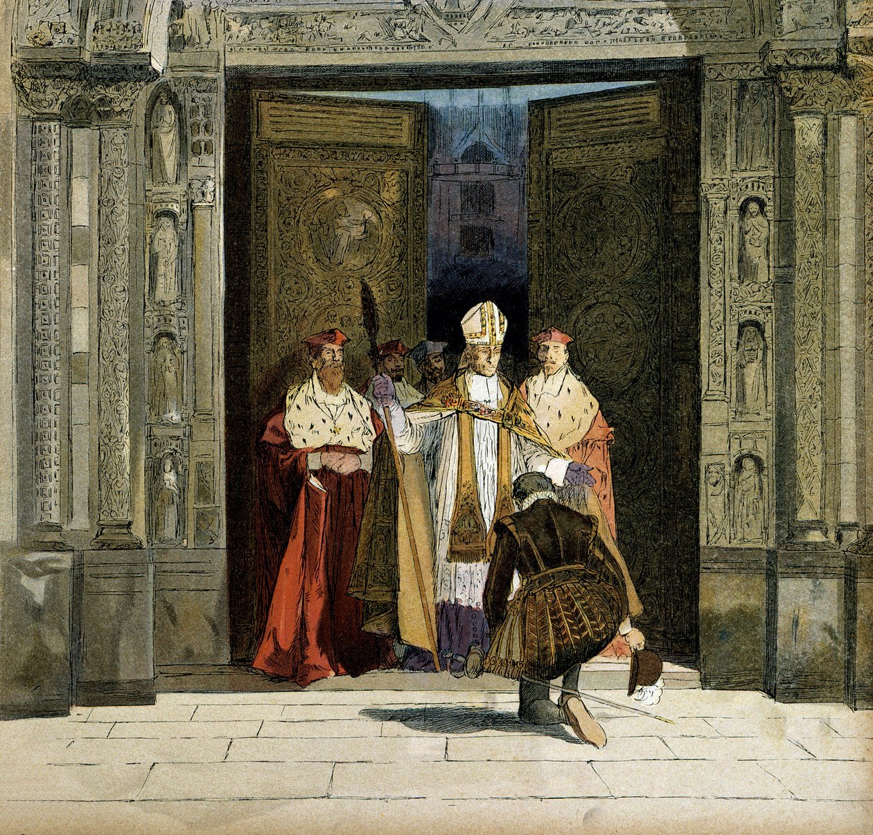 亨利四世（1553-1610）在圣丹尼斯修道院的宣誓仪式，布尔日的拱门雷诺-德-博纳（1527-1606）在场。1593年7月25日，国王放弃了新教。赫尔曼-沃格尔（1856-1918）在 "亨利四世 "中所作的插图 作者 赫尔曼·沃格尔
