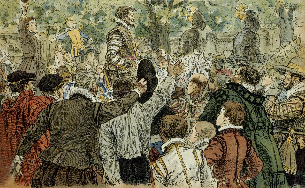 Henri de Guise (1549-1588), leader of the Catholic League, applauded by the Parisians after the day of the barricades (12 May 1588). Illustration 1907, by Hermann Vogel (1856-1918). Particuliere collection. 作者 赫尔曼·沃格尔