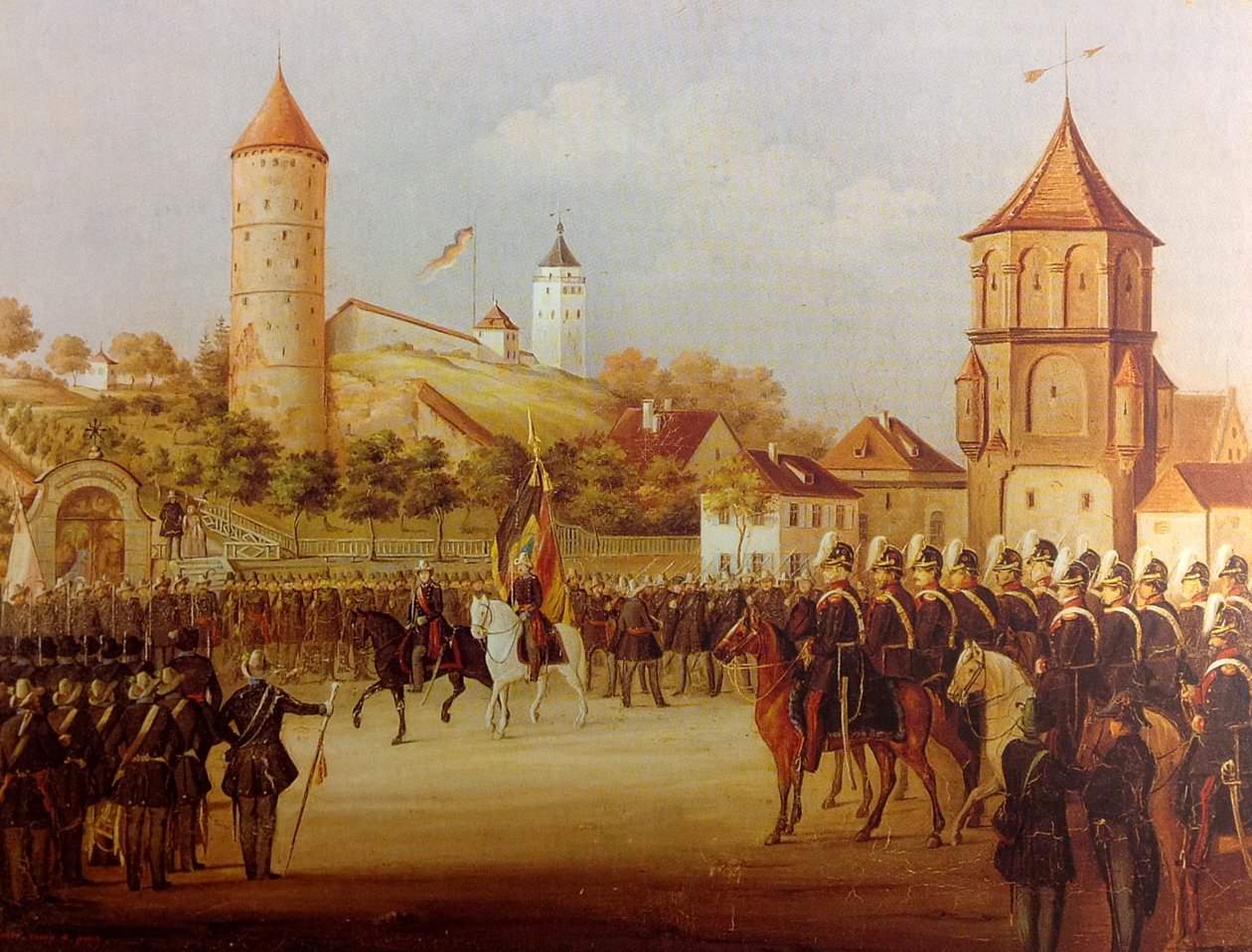 赫尔曼-沃尔兹（Hermann Volz）1849 年在里德林格尔山（Riedlinger Tor）举行的比伯拉赫民兵阅兵式 作者 赫尔曼·沃尔兹（Hermann Volz）