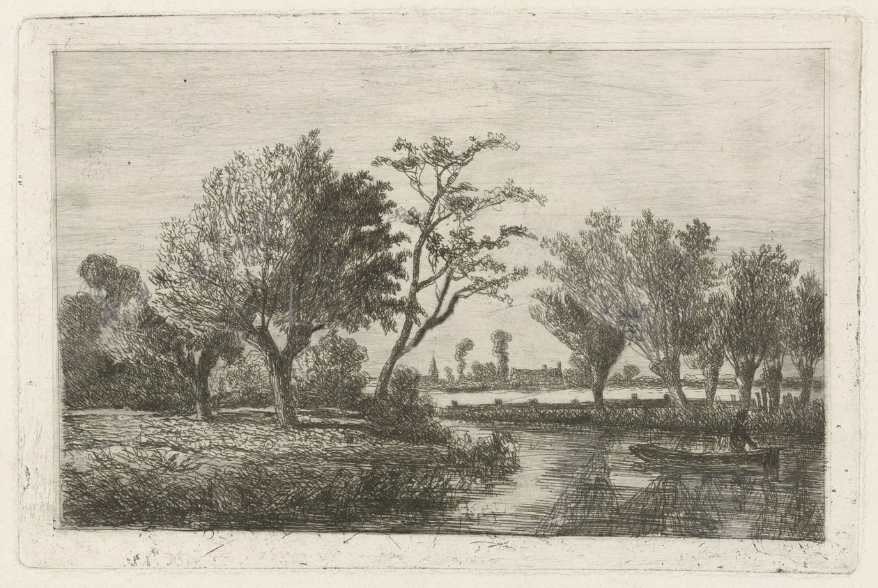 河里有一个钓鱼者在船上 作者 Hermanus Jan Hendrik van Rijkelijkhuysen
