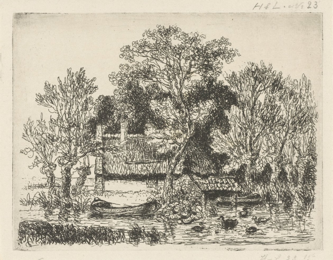 有驳船和鸭子的河景 作者 Hermanus Jan Hendrik van Rijkelijkhuysen