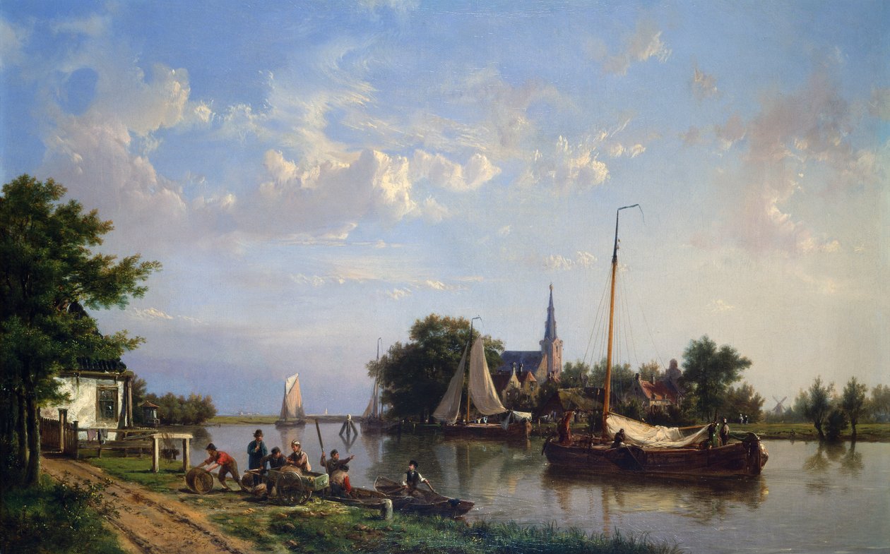 夏季运河上的驳船（布面油画） 作者 赫曼努斯·科克科克（Hermanus Koekkoek）