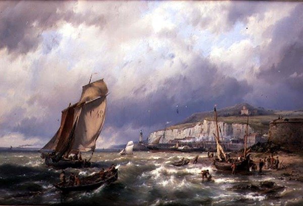 福克斯通附近的帆船和跨海峡包船（布面油画 作者 赫曼努斯·科克科克（Hermanus Koekkoek）