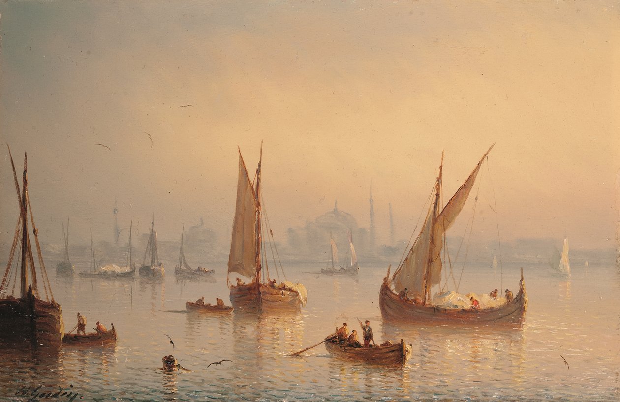 博斯普鲁斯海峡上的船只，远处是圣索菲亚清真寺（油画） 作者 Herminie 或 Henriette (fl.1849 53) Gudin