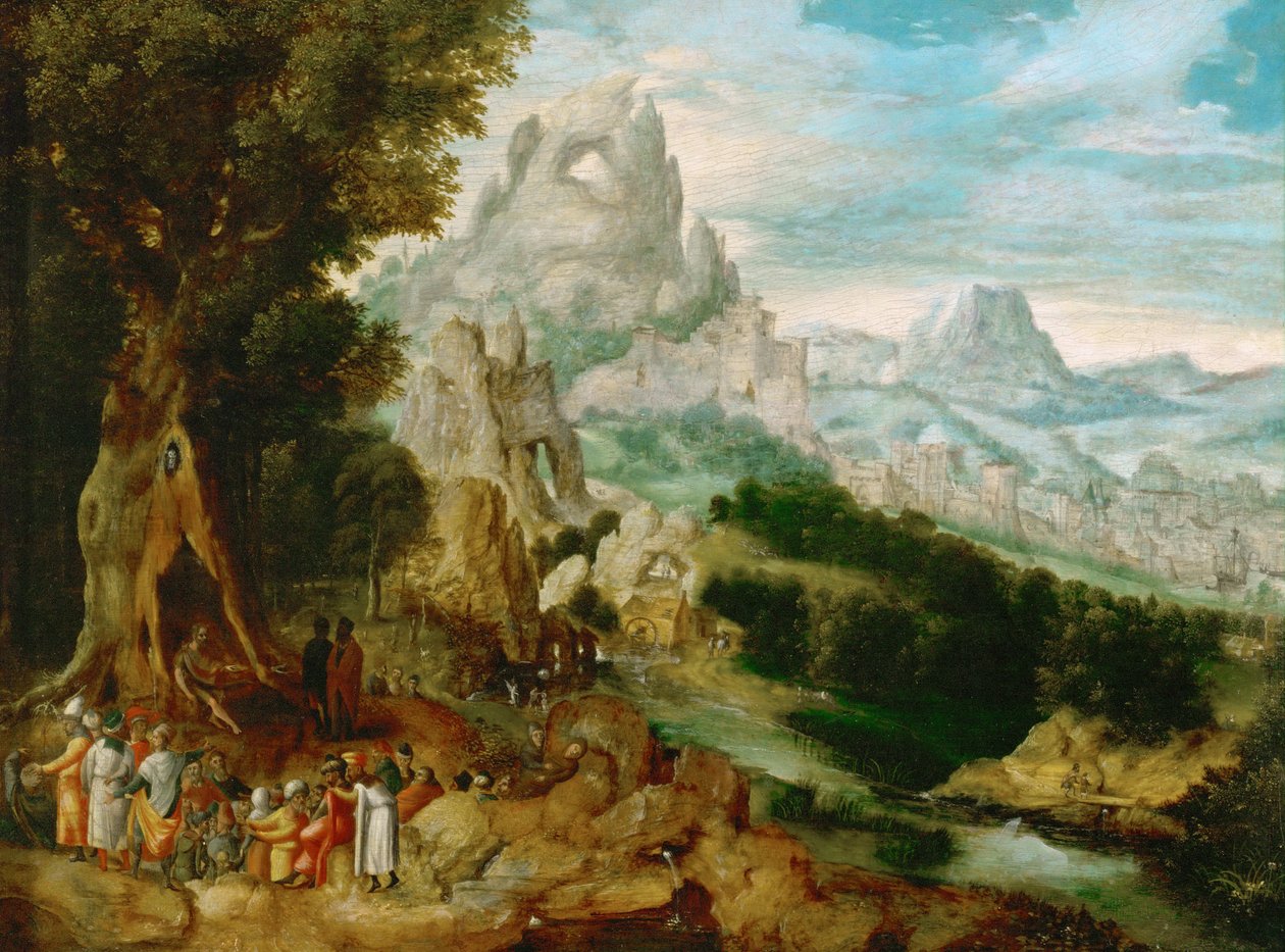 Paysage avec Saint Jean Baptiste prechant - Landscape with Saint John the Baptist Preaching, by Herri met de Bles (Henri Bles) (1510-1550). Oil on wood, ca 1535-1540. Dimension : 29x39 cm. Art History Museum, Vienne 作者 Herri met de (c.1510 p.1550) Bles