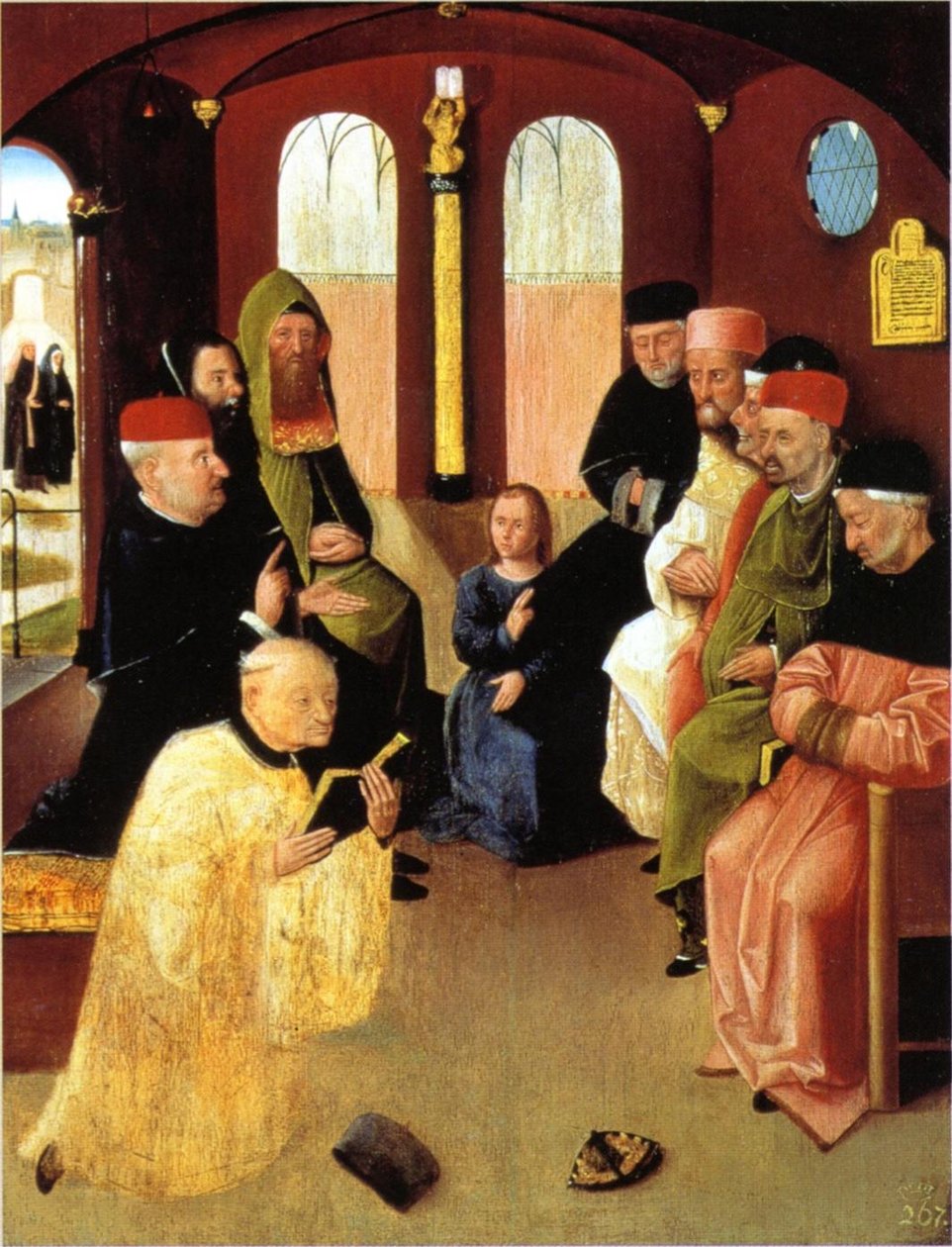 修复后，基督与圣殿里的医生发生争执 作者 Hieronymus Bosch
