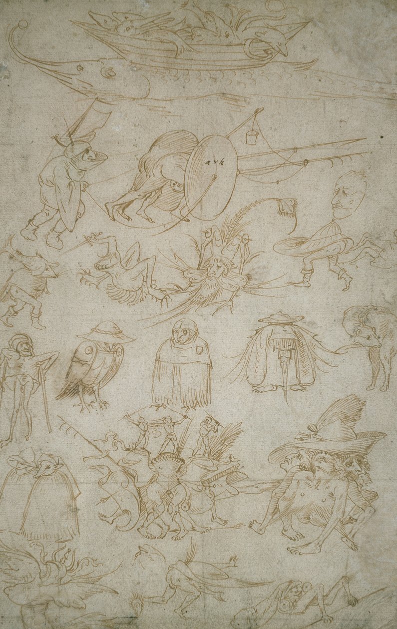 怪诞研究（反面），15世纪（笔和纸上写着） 作者 Hieronymus Bosch