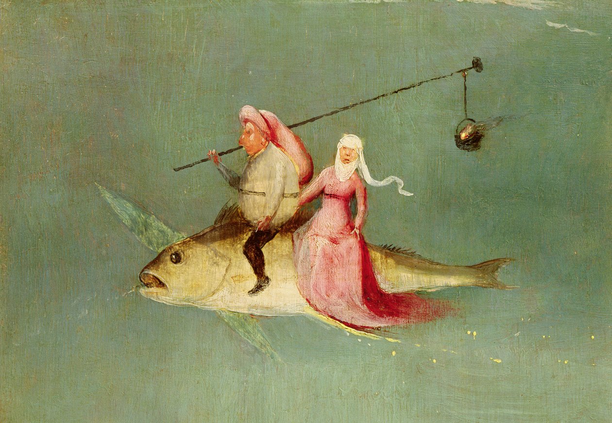 圣安东尼的诱惑，右手小组，一对夫妇骑鱼的细节（见35965） 作者 Hieronymus Bosch