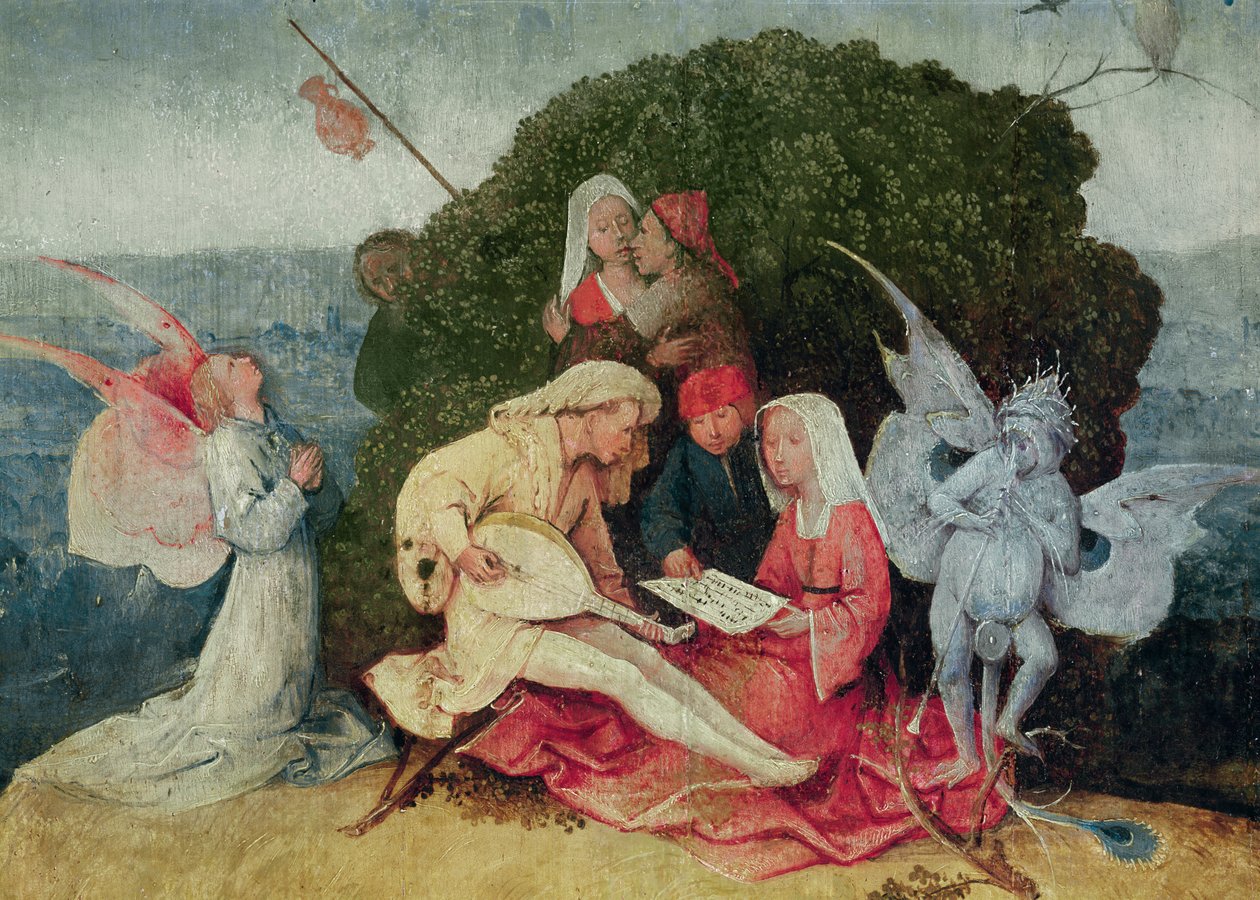 马车顶部的音乐家，Haywain Triptych中央面板的细节，c.1515油面板细节3429 作者 Hieronymus Bosch