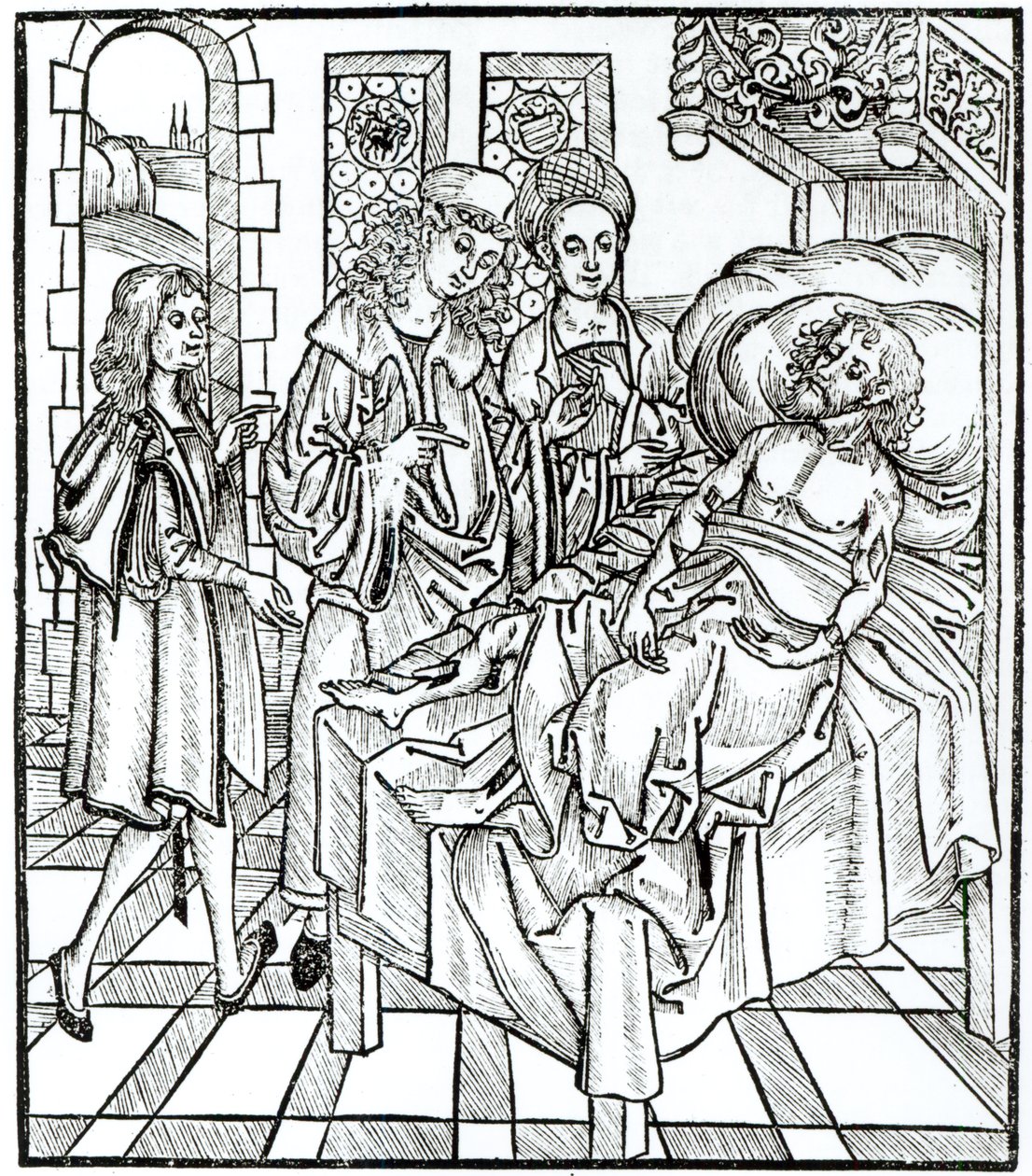 外科医生和助手探访一名严重受伤的男子，来自&39;Das Buch der Cirugia&39;，1497年出版斯特拉斯堡 作者 Hieronymus Brunschwig