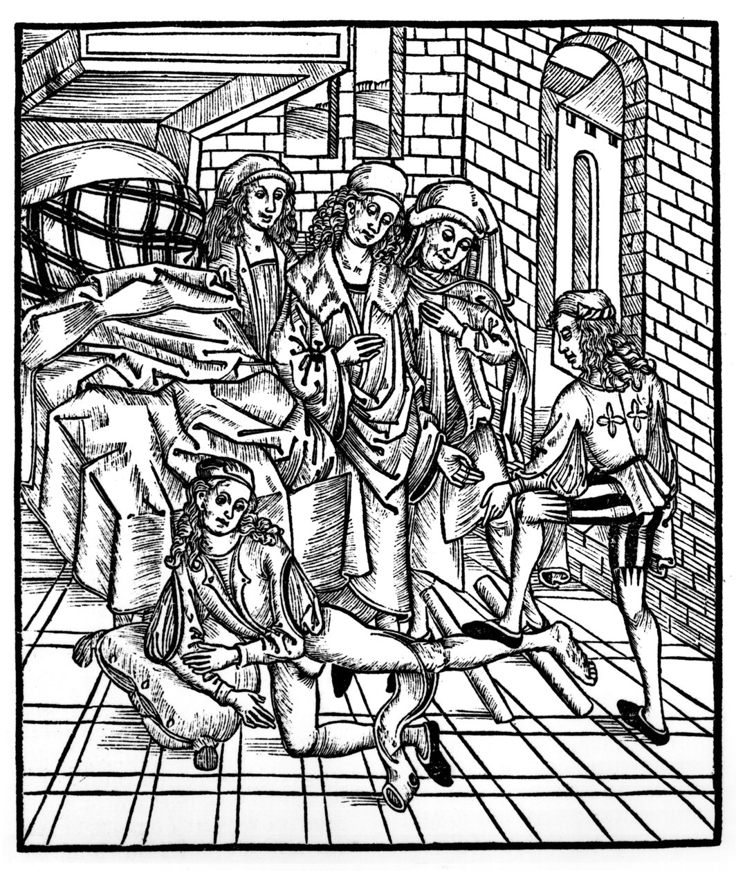 外科医生指导助理打破并重置一条腿，来自&39;Das Buch der Cirugia&39;，1497年出版斯特拉斯堡 作者 Hieronymus Brunschwig