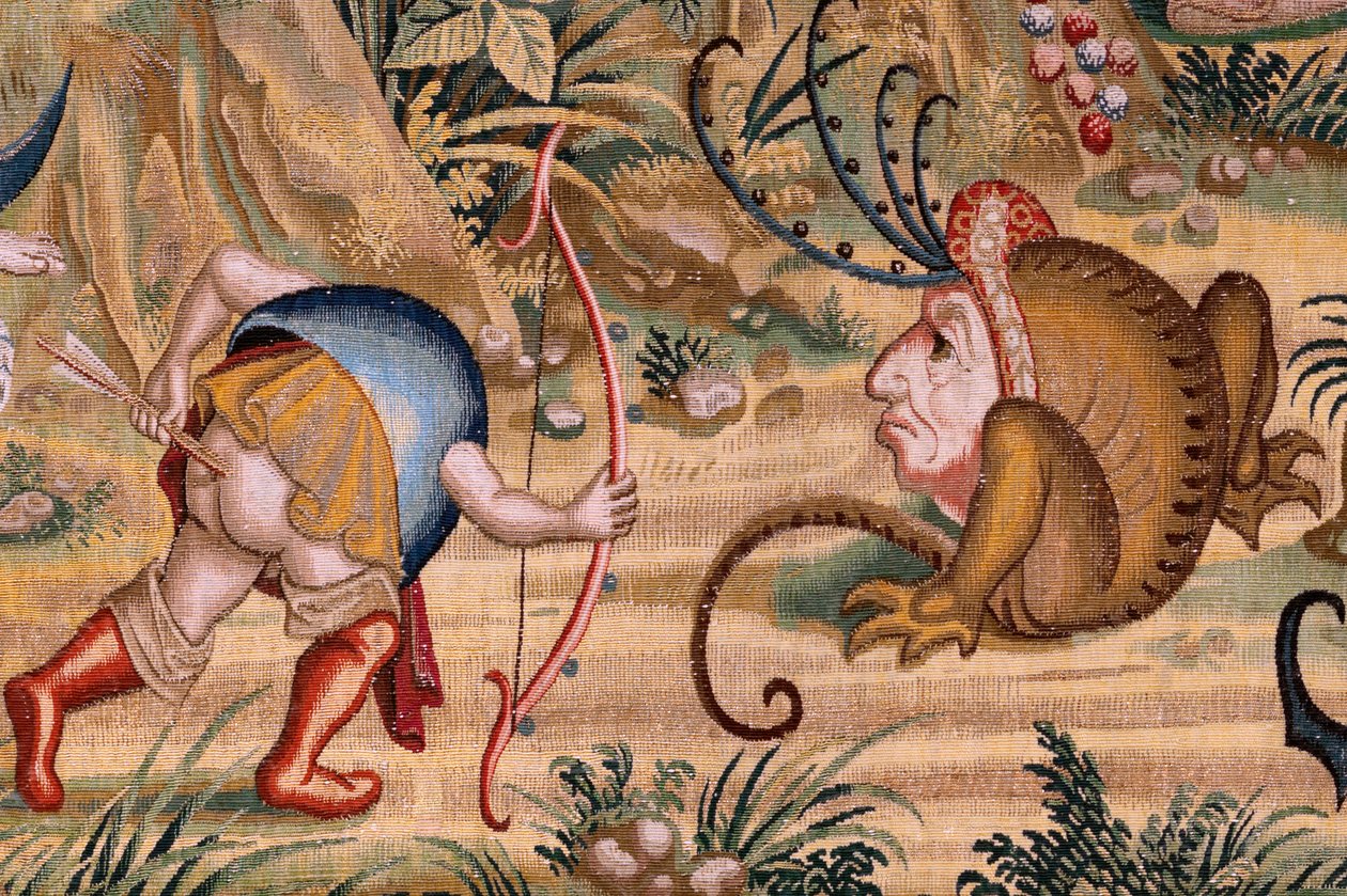 佛兰德挂毯根据 Hieronymus Bosch 设计的系列挂毯。祈祷中的圣安东尼（San Antonio en oración）。系列中的第二块挂毯。款式灵感来自 Hieronymus Bosch 的作品。制作地点 布鲁塞尔，未知作坊。1560 年前。织物 作者 Hieronymus（之后）Bosch