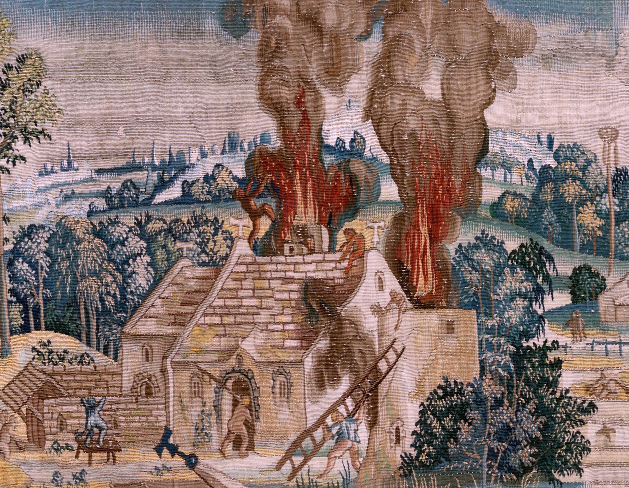 佛兰德挂毯根据 Hieronymus Bosch 设计的系列挂毯。祈祷中的圣安东尼（San Antonio en oración）。系列中的第二块挂毯。款式灵感来自 Hieronymus Bosch 的作品。制作地点 布鲁塞尔，未知作坊。1560 年前。织物 作者 Hieronymus（之后）Bosch