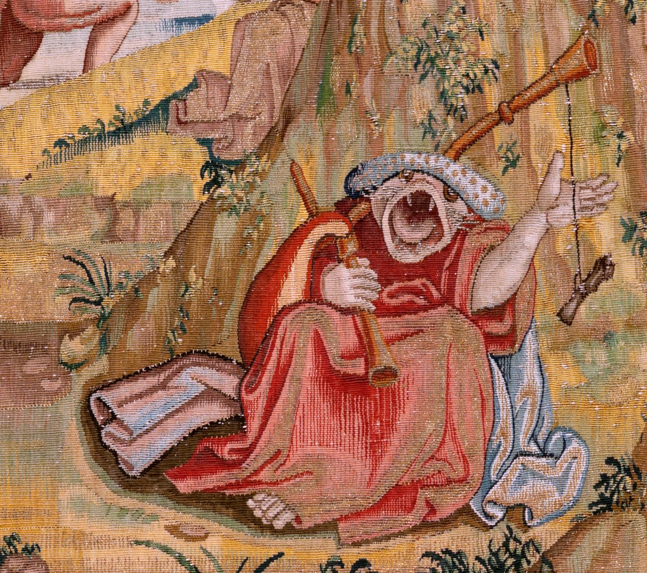 佛兰德挂毯根据 Hieronymus Bosch 设计的系列挂毯。祈祷中的圣安东尼（San Antonio en oración）。系列中的第二块挂毯。款式灵感来自 Hieronymus Bosch 的作品。制作地点 布鲁塞尔，未知作坊。1560 年前。织物 作者 Hieronymus（之后）Bosch
