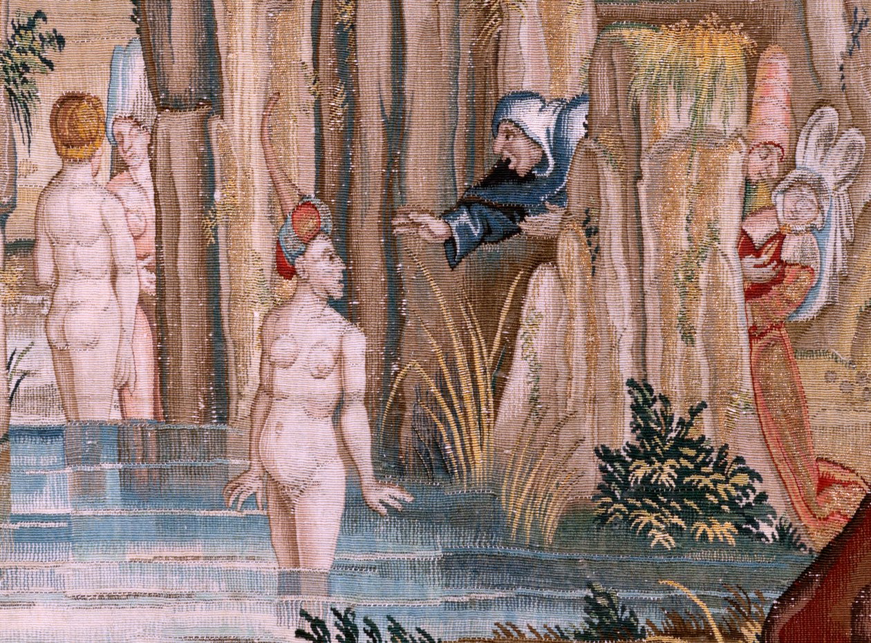 佛兰德挂毯根据 Hieronymus Bosch 设计的系列挂毯。祈祷中的圣安东尼（San Antonio en oración）。系列中的第二块挂毯。款式灵感来自 Hieronymus Bosch 的作品。制作地点 布鲁塞尔，未知作坊。1560 年前。织物 作者 Hieronymus（之后）Bosch