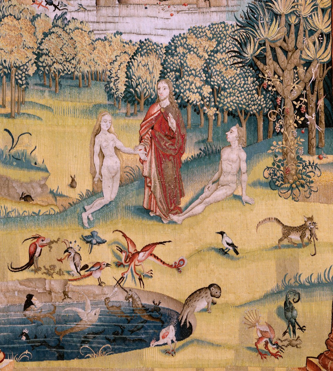 佛兰德挂毯根据 Hieronymus Bosch 创作的系列挂毯。人间乐园》（Jardín de las Delicias）。系列中的第四块挂毯。模型 灵感来自于希罗尼穆斯-博什的作品。制作地点不详，布鲁塞尔。1560 年之前。花型 作者 Hieronymus（之后）Bosch