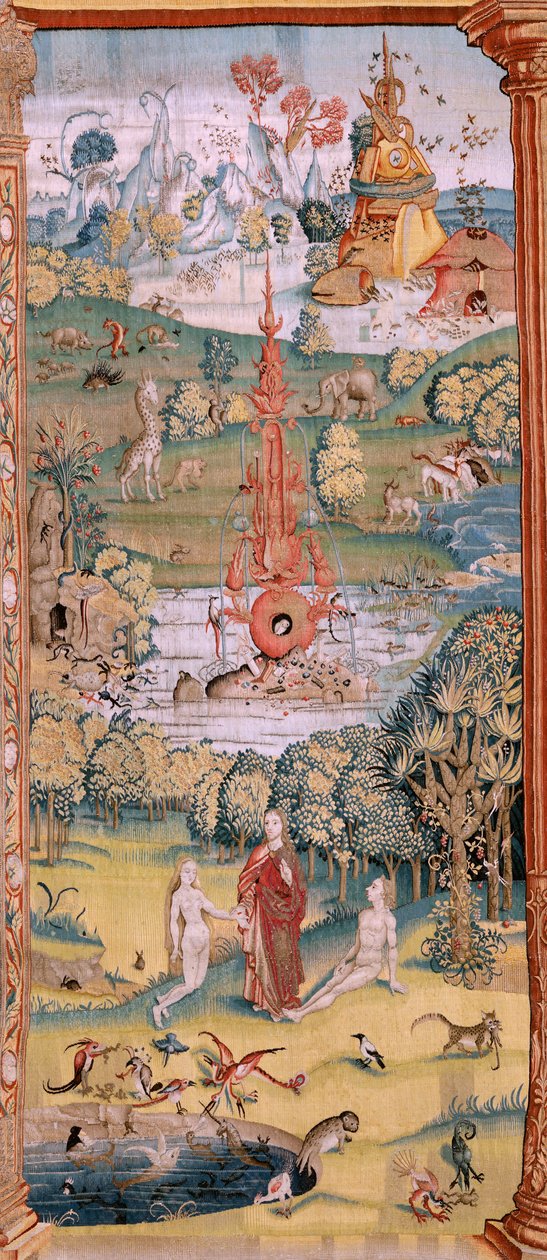 佛兰德挂毯根据 Hieronymus Bosch 创作的系列挂毯。人间乐园》（Jardín de las Delicias）。系列中的第四块挂毯。模型 灵感来自于希罗尼穆斯-博什的作品。制作地点不详，布鲁塞尔。1560 年之前。花型 作者 Hieronymus（之后）Bosch