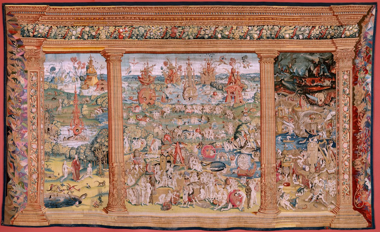佛兰德挂毯根据 Hieronymus Bosch 创作的系列挂毯。人间乐园》（Jardín de las Delicias）。系列中的第四块挂毯。模型 灵感来自于希罗尼穆斯-博什的作品。制作地点不详，布鲁塞尔。1560 年之前。花型 作者 Hieronymus（之后）Bosch