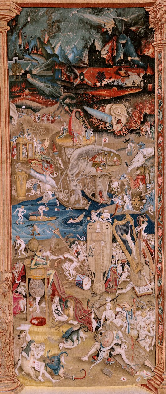 佛兰德挂毯根据 Hieronymus Bosch 创作的系列挂毯。人间乐园》（Jardín de las Delicias）。系列中的第四块挂毯。模型 灵感来自于希罗尼穆斯-博什的作品。制作地点不详，布鲁塞尔。1560 年之前。花型 作者 Hieronymus（之后）Bosch