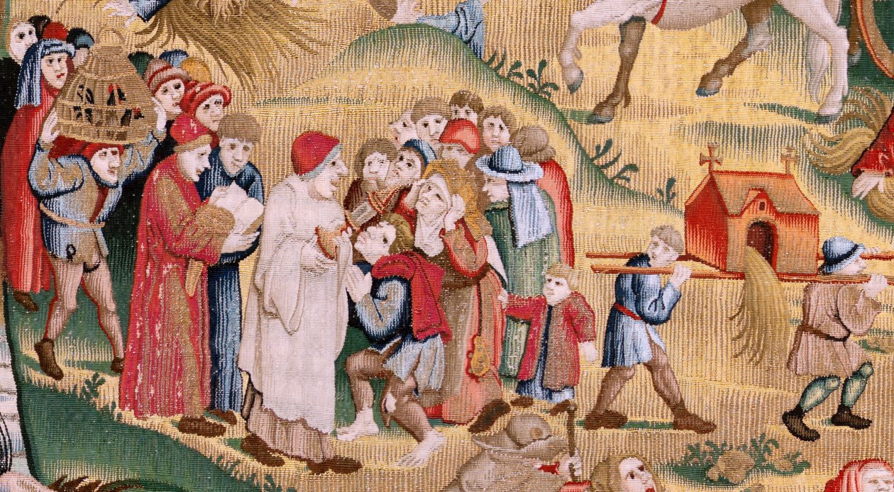 佛兰德挂毯根据 Hieronymus Bosch 创作的四幅挂毯系列。人类生活的苦难（Tribulaciones de la vida humana）。系列中的第三块挂毯。款式灵感来源于希罗尼穆斯-博什的作品。制作地点 布鲁塞尔，未知作坊。1560 年之前 作者 Hieronymus（之后）Bosch