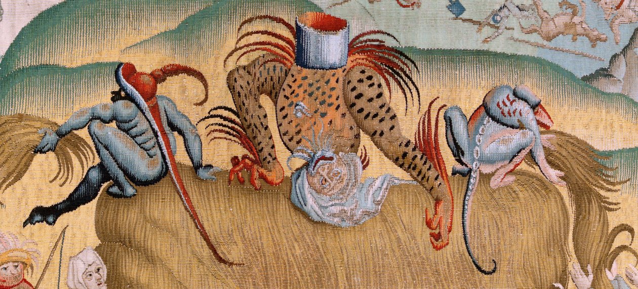 佛兰德挂毯根据 Hieronymus Bosch 创作的四幅挂毯系列。人类生活的苦难（Tribulaciones de la vida humana）。系列中的第三块挂毯。款式灵感来源于希罗尼穆斯-博什的作品。制作地点 布鲁塞尔，未知作坊。1560 年之前 作者 Hieronymus（之后）Bosch