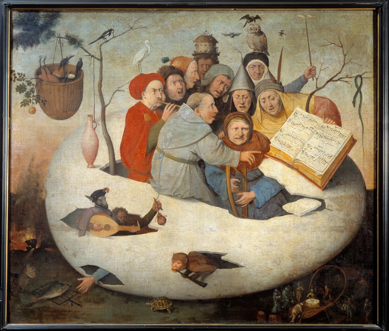 鸡蛋中的音乐会 以哲学鸡蛋为象征的炼金术讽刺。 Hieronymus Van Aeken (Aken) di Jerome Bosch (1450-1516) 15 世纪太阳之后的绘画。 1,08x1,26 m 里尔，美术博物馆。 - 鸡蛋中的音乐会。 讽刺炼金术符号 作者 Hieronymus（之后）Bosch