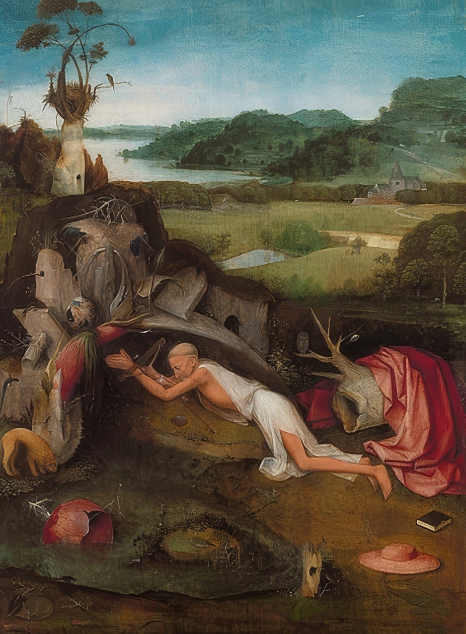 圣杰罗姆在沙漠中。约于1490年 作者 Hieronymus Bosch