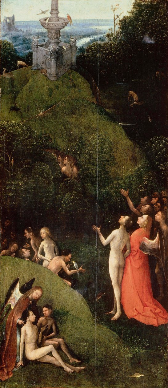 人间乐园。 来自：后世的四个愿景 par Bosch, Hieronymus (c. 1450-1516)。 木上油彩，尺寸：88,5x39,8，约 1490-1510，威尼斯格里马尼宫 作者 Hieronymus Bosch