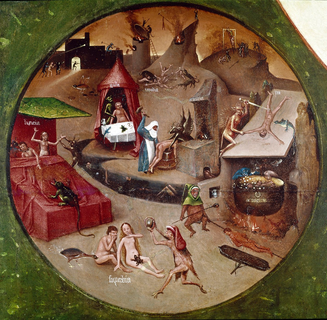 地狱。 七大罪和最后四件事的细节（面板上的油） 作者 Hieronymus Bosch