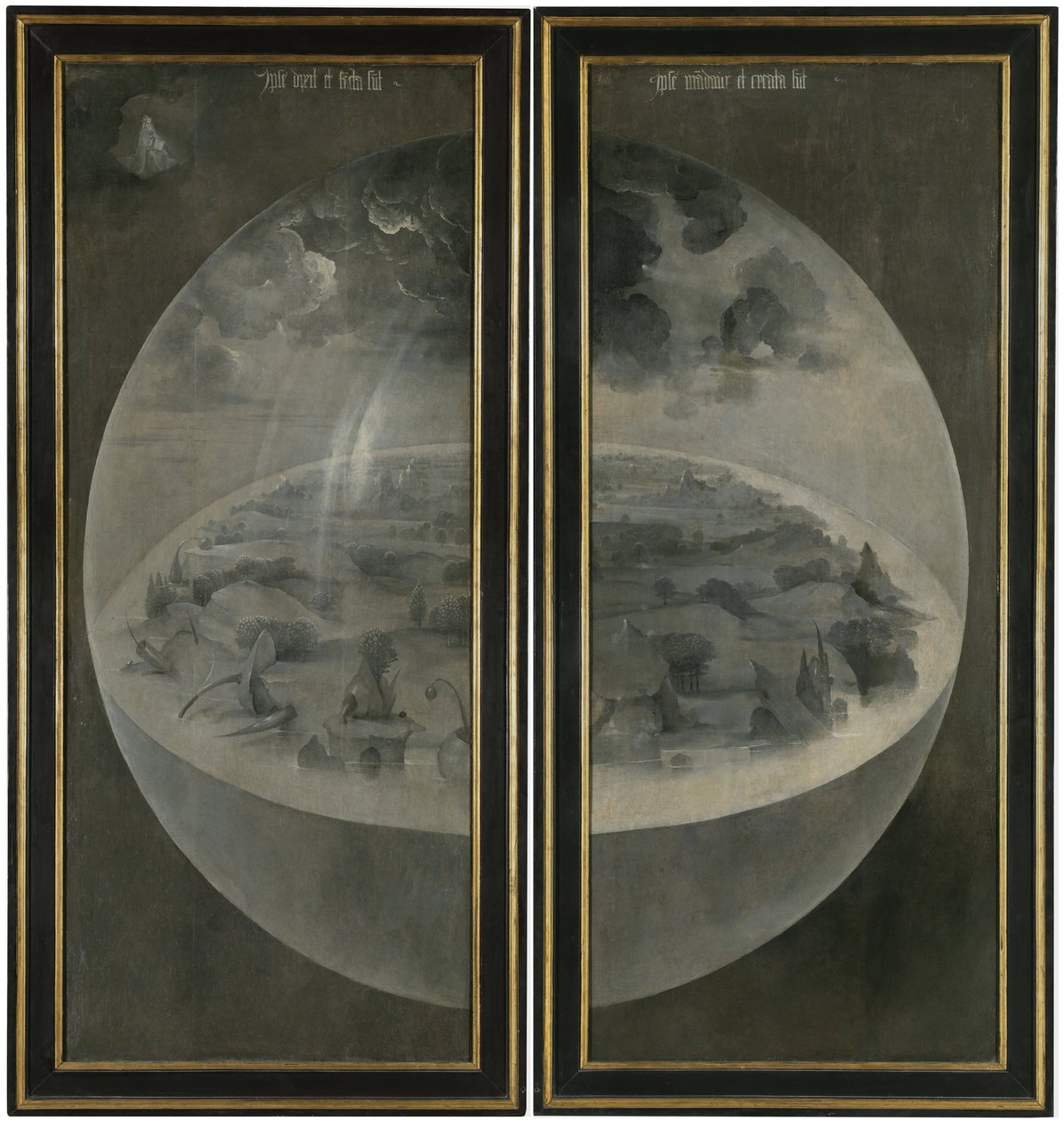 代表地球宇宙球体的世界的创造（泡泡）。 三联画的百叶窗背面“”尘世的花园“”。 Hieronymus Van Aeken (Aken) 的画作 Jerome Bosch (1450-1516) 作者 Hieronymus Bosch