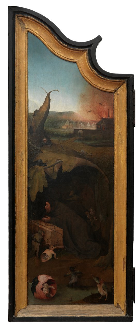 《约伯》三联画的左图，c.1500-24（面板油画） 作者 Hieronymus Bosch