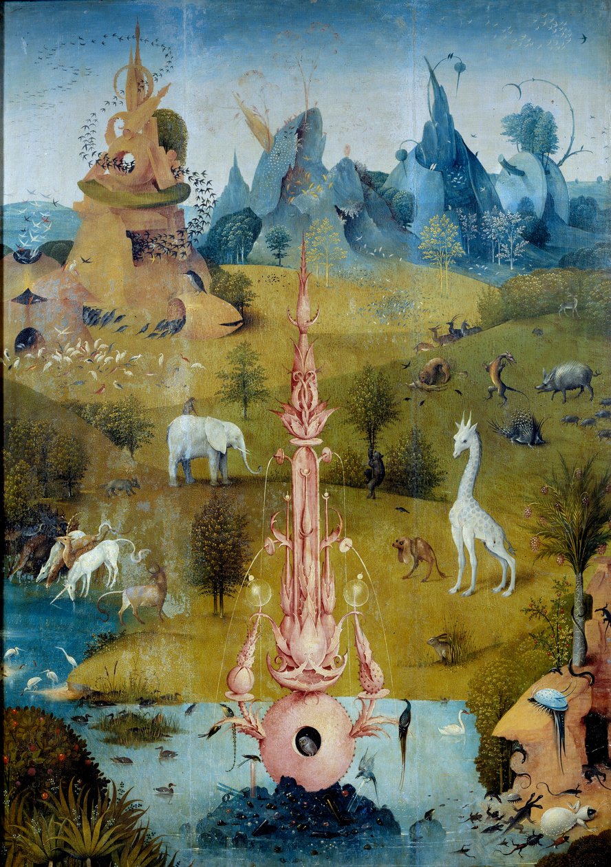 天堂拉封丹。 Hieronymus Van Aken (Aken) di Jerome Bosch (1450-1516) 三联画《美味花园》左侧部分的细节 作者 Hieronymus Bosch
