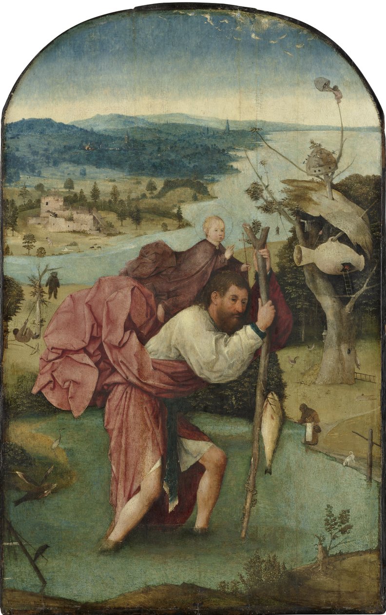 圣克里斯托弗怀抱圣婴，约 1500 年（油画） 作者 Hieronymus Bosch