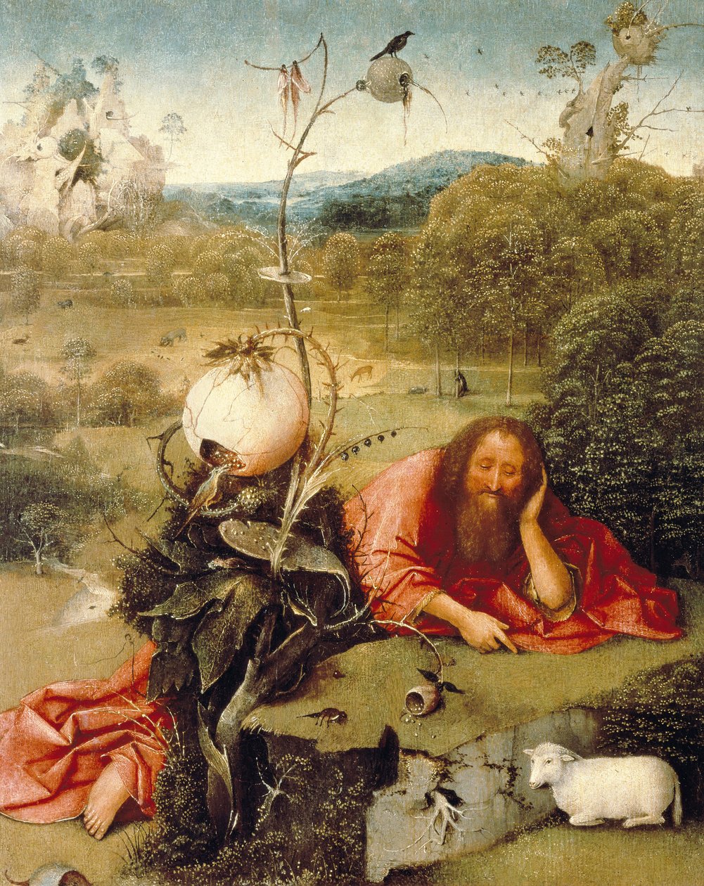 ““施洗者圣约翰在大自然中打瞌睡””耶罗尼穆斯·范·埃肯 (Aken) 的绘画说，杰罗姆·博世 (1450-1516) 1504-1505 年马德里。 拉扎罗·加尔迪亚诺基金会 作者 Hieronymus Bosch