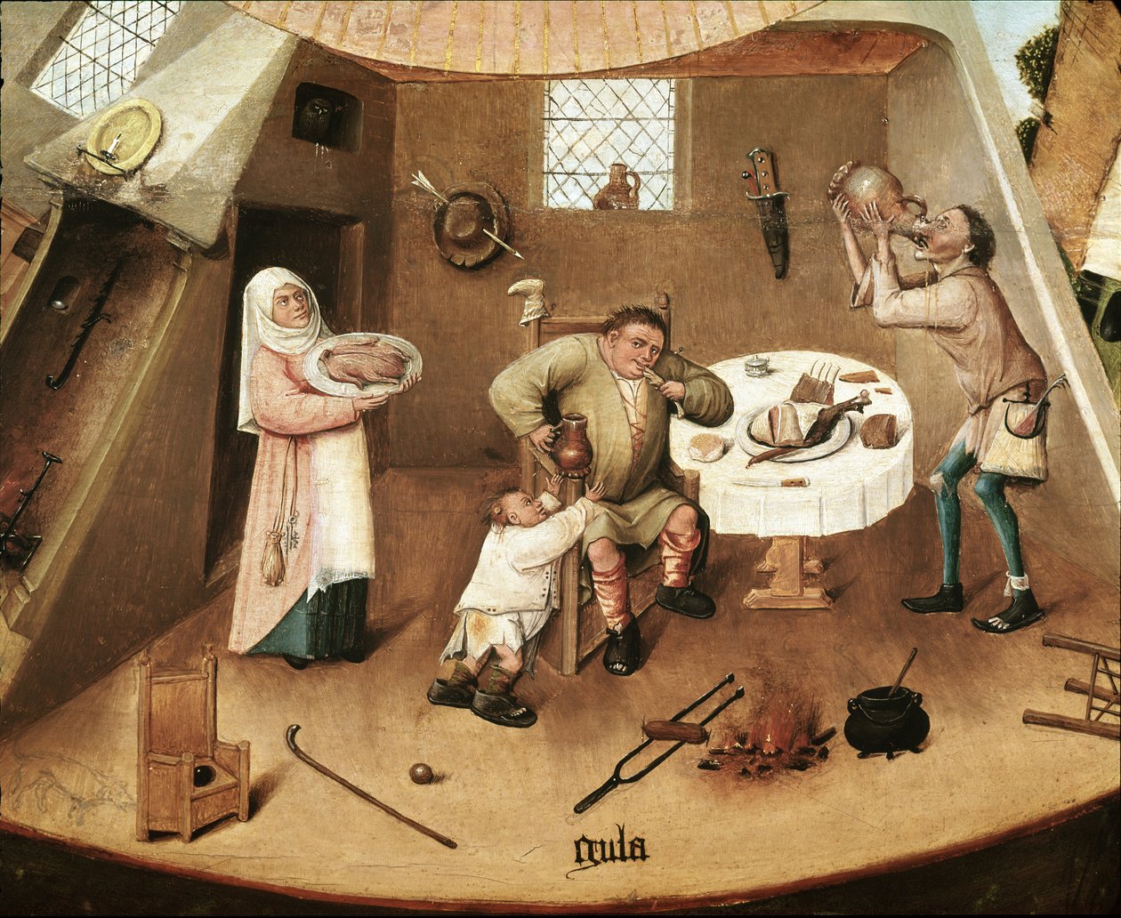 七大罪：贪。 细节（面板上的油 作者 Hieronymus Bosch