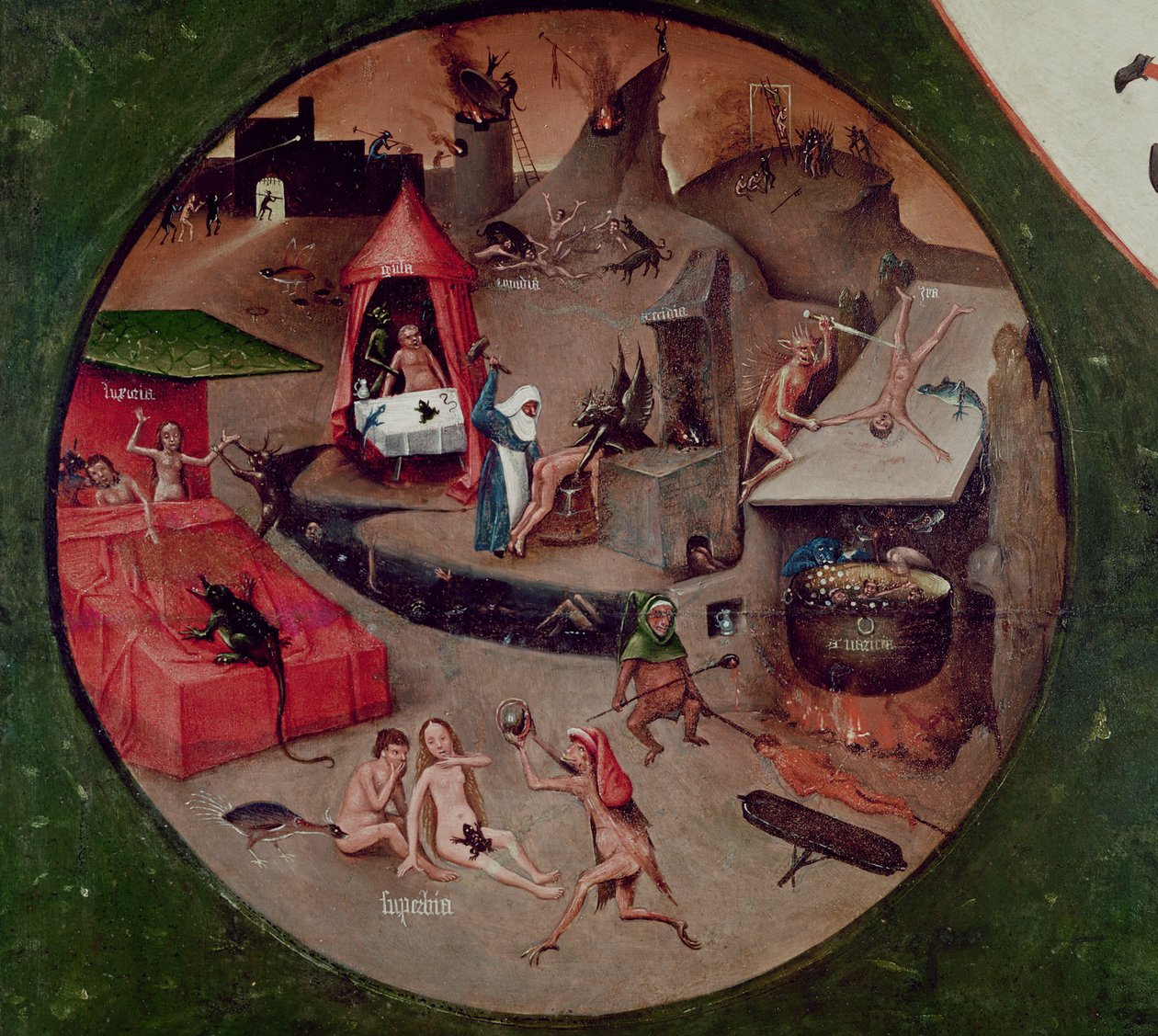 七宗罪和最后四件事的桌面，地狱的细节，约1480年（油画板）。 作者 Hieronymus Bosch
