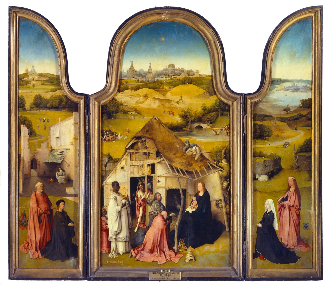 贤士的崇拜或顿悟，三联画。 由 Hieronymus Van Aeken (Aken) 和 Jerome Bosch (1450-1516) 绘制。 1510-1511。 马德里。 普拉多博物馆。 - 崇拜贤者或主显节 - 三联画。 Jheronimus Van Aeken (Aken) 的画作 作者 Hieronymus Bosch