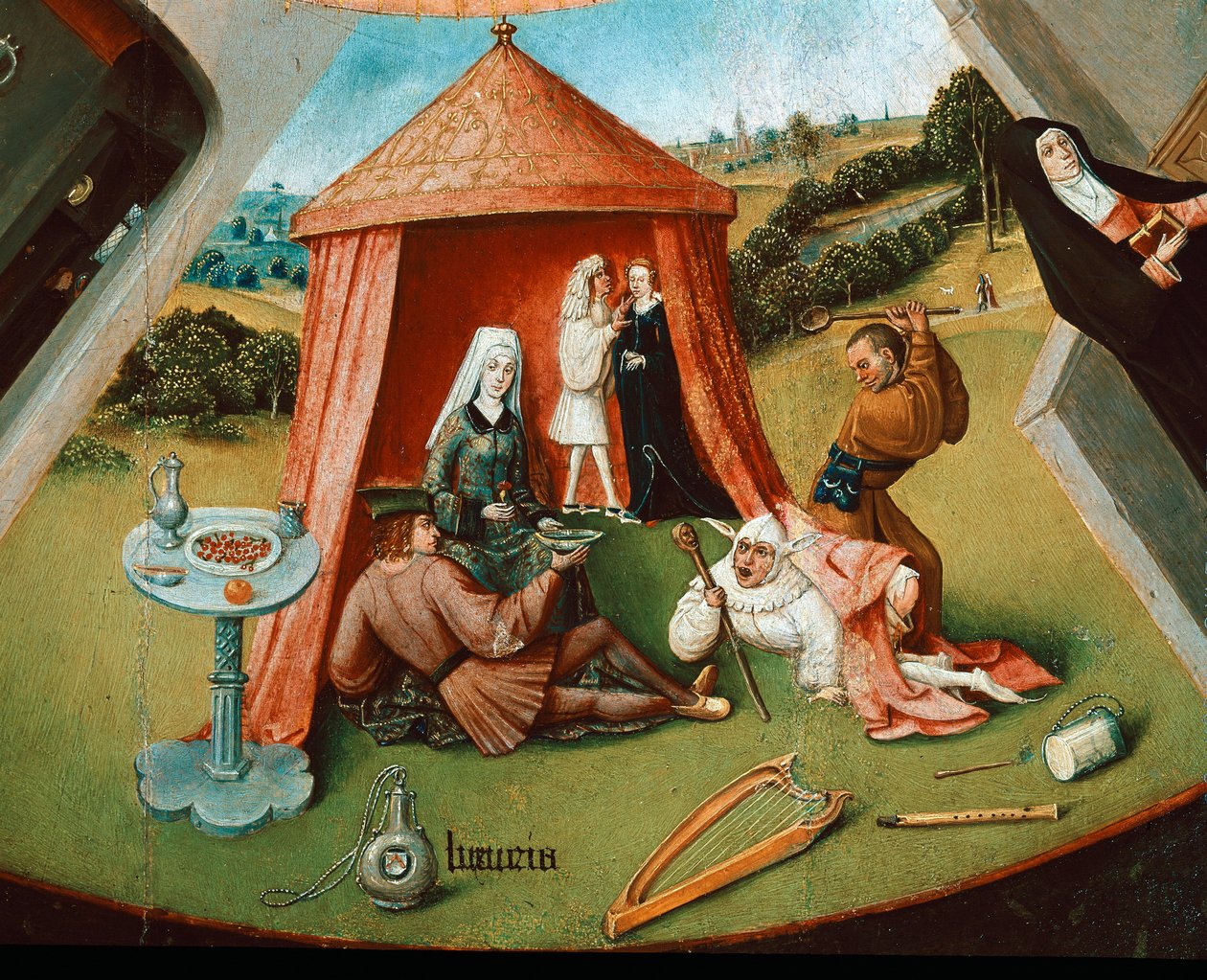 欲望。 七大罪表的细节（木头油 作者 Hieronymus Bosch