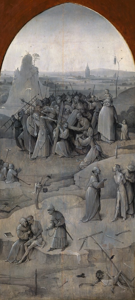 圣安东尼的诱惑。三联画，背面。基督背着十字架，1500-1501年。 作者 Hieronymus Bosch