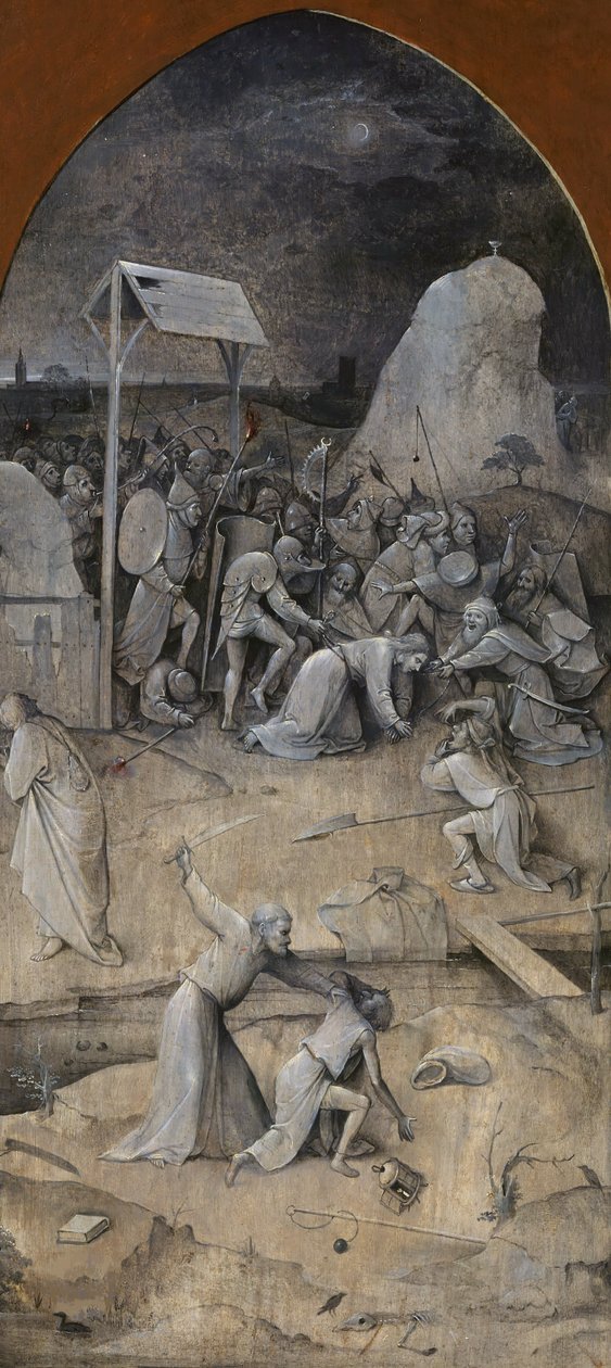 圣安东尼的诱惑。三联画，背面。基督的捕获，1500-1501年。 作者 Hieronymus Bosch