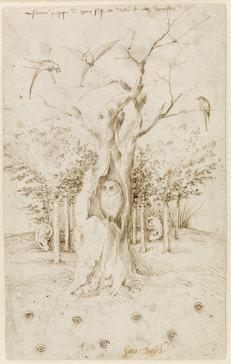 The Wood Has Ears, The Field Has Eyes par Bosch, Hieronymus (c. 1450-1516).笔，棕色印度墨水，纸，尺寸：20,2x12,7，约1500-1515，柏林国家博物馆。 作者 Hieronymus Bosch