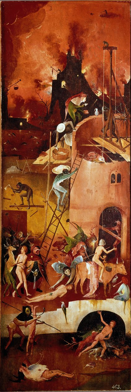 干草胰蛋白酶：地狱建筑。 右内饰板。 Hieronymus Van Aeken (Aken) 在木头上作画，dit Jerome Bosch (1450-1516) 1500-1502 Dim。 140x232 厘米皇家埃斯科里亚尔修道院，埃斯科里亚尔，西班牙 作者 Hieronymus Bosch