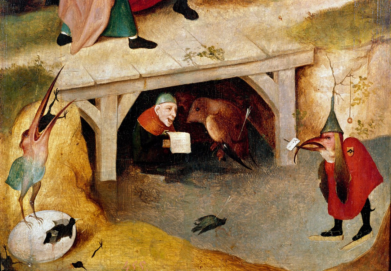 Triptych of temptations, detail. Left side: the flight and fall of Saint Anthony the Great (or Saint Anthony the Hermit or Saint Anthony the Abbe. Painting by Hieronymus Van Aeken (Aken) dit Jerome Bosch (1450-1516) 作者 Hieronymus Bosch