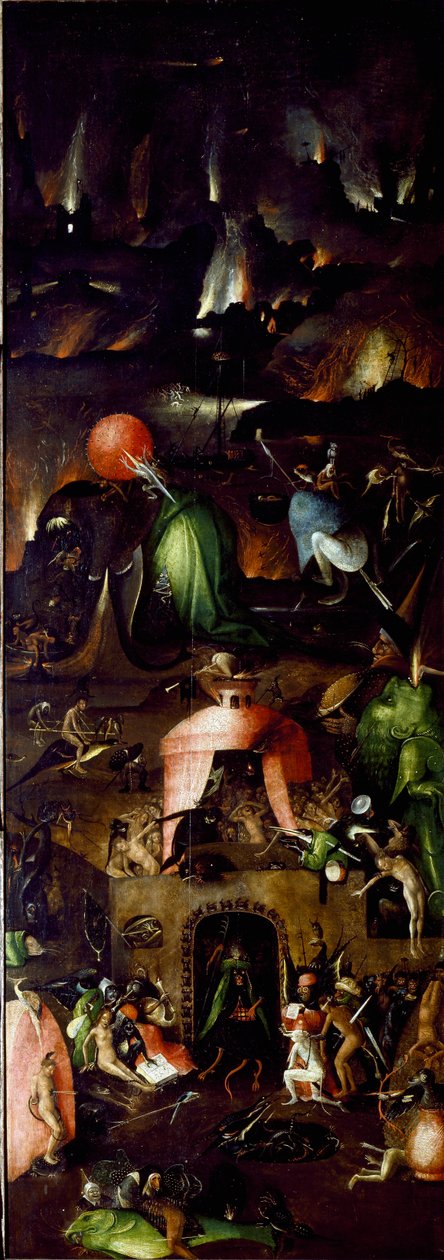最后审判的胰蛋白酶（Das Weltgerichts-Triptychon）：代表地狱的右侧面板。 Hieronymus Van Aeken (Aken) di Jerome Bosch (1450-1516) 1504 年约太阳在木头上作画。 167.5x60 厘米维也纳，美术史学院画廊 作者 Hieronymus Bosch