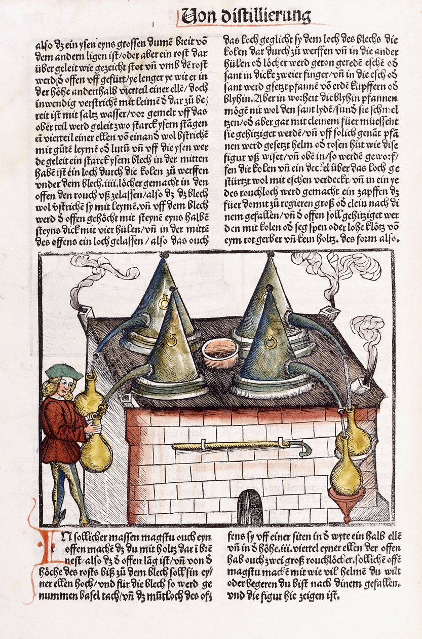 15世纪后期蒸馏厂的插图，用于提取植物的精油，1500年 作者 Hieronymus Brunschwig